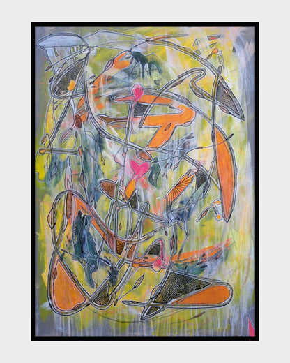 Abstraktes Gemälde „Discoveries“ von Hanne Hermes im Hochformat. Eine dynamische Komposition aus gelben, orangefarbenen und grünen Flächen, überlagert von filigranen schwarzen Linien, Mustern und Ölpastell-Akzenten auf grauem Grund.