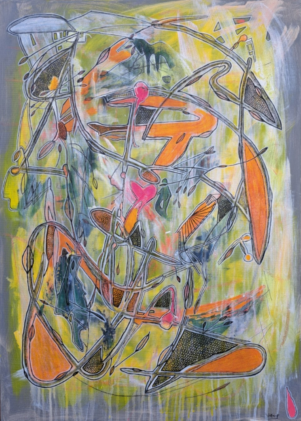 Abstraktes Gemälde „Discoveries“ von Hanne Hermes im Hochformat. Eine dynamische Komposition aus gelben, orangefarbenen und grünen Flächen, überlagert von filigranen schwarzen Linien, Mustern und Ölpastell-Akzenten auf grauem Grund.