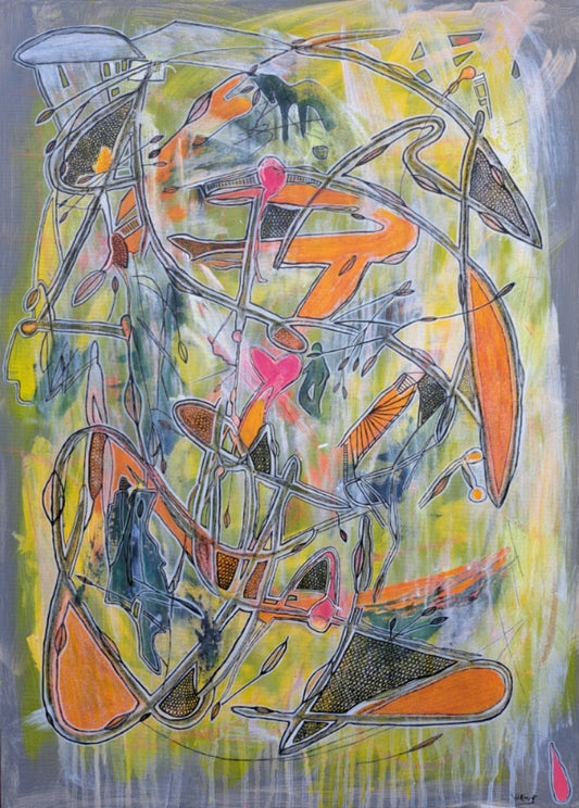 Abstraktes Gemälde „Discoveries“ von Hanne Hermes im Hochformat. Eine dynamische Komposition aus gelben, orangefarbenen und grünen Flächen, überlagert von filigranen schwarzen Linien, Mustern und Ölpastell-Akzenten auf grauem Grund.