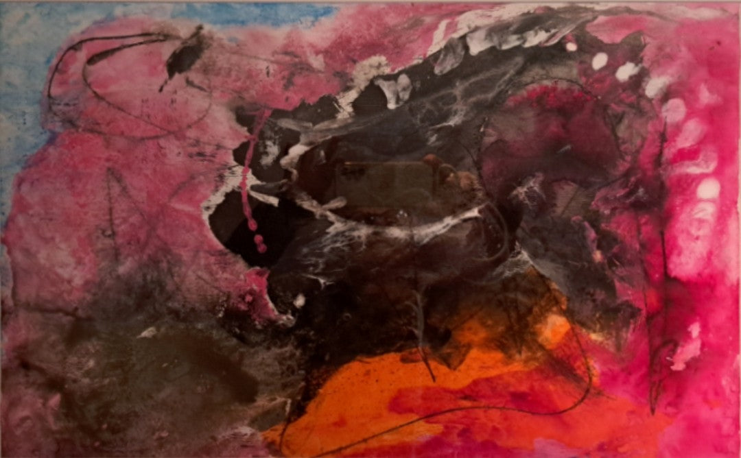 Abstraktes Gemälde „Gedankenflut“ von Hanne Hermes auf Steinpapier. Intensive Pink-, Magenta- und Orangetöne umschließen ein dunkles, chaotisches Zentrum aus schwarzer Acryltinte, das die Einengung durch kreisende Gedanken symbolisiert.