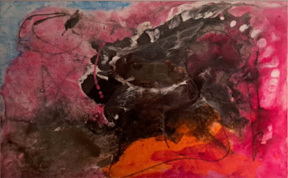 Abstraktes Gemälde „Gedankenflut“ von Hanne Hermes auf Steinpapier. Intensive Pink-, Magenta- und Orangetöne umschließen ein dunkles, chaotisches Zentrum aus schwarzer Acryltinte, das die Einengung durch kreisende Gedanken symbolisiert.