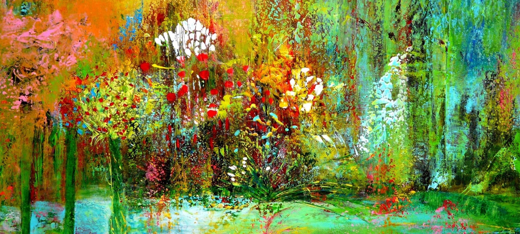 Abstraktes Breitbild-Gemälde von Blanka Mandel, das eine sommerliche Garten- oder Wiesenlandschaft assoziiert. Kräftige rote, gelbe und weiße Farbtupfer wirken wie Blüten vor einem Hintergrund aus warmen Orange- und kühlen Türkistönen mit vertikalen Pinselstrichen.