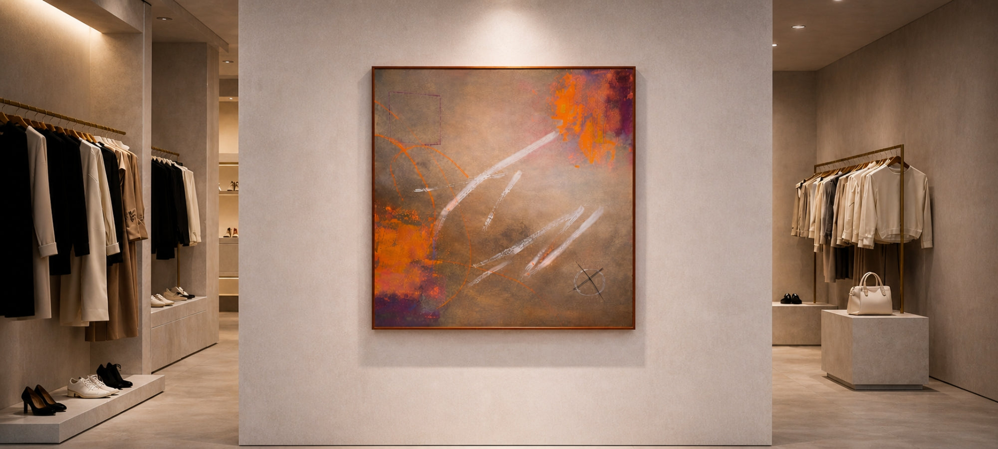 Ein großformatiges, abstraktes Gemälde in einem schlichten Holzrahmen hängt zentral an einer hellgrauen Wand in einer luxuriösen, minimalistisch eingerichteten Modeboutique. Das Kunstwerk zeigt warme Erdtöne, kombiniert mit kräftigen orangefarbenen Akzenten und dynamischen weißen Linien. Links und rechts im Hintergrund sind Kleiderstangen mit eleganter, farblich abgestimmter Kleidung sowie exklusive Schuhe und Taschen auf Podesten zu sehen.