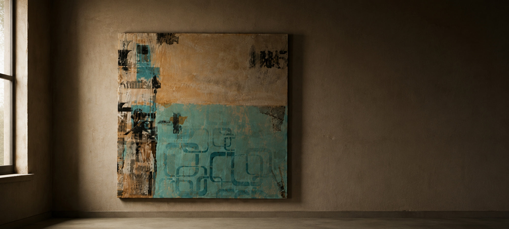 Ein großformatiges, quadratisches Mixed-Media-Gemälde hängt an einer rustikalen, grob verputzten Wand in einem spärlich beleuchteten Raum. Das Kunstwerk ist horizontal zweigeteilt: Die obere Hälfte zeigt warme Beige- und Ockertöne mit dunklen, grafischen Akzenten, während die untere Hälfte in einem verwaschenen Türkis gehalten ist, das mit geometrischen Linienmustern überlagert ist. Von links fällt weiches Tageslicht durch ein hohes Fenster auf das Bild und die Textur der Wand.