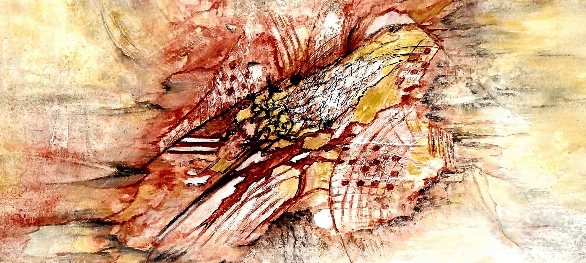 Ein abstraktes Gemälde in warmen Orangetönen von Ingrid Huober, Mitglied der Online-Galerie ARTSPACER. Die Textur ist dick aufgetragen und zeigt Pinselstriche und Spachtelmasse. Weiße und rote Akzente durchziehen die Mitte des Bildes und bilden einen Kontrast zu den erdigen Tönen.