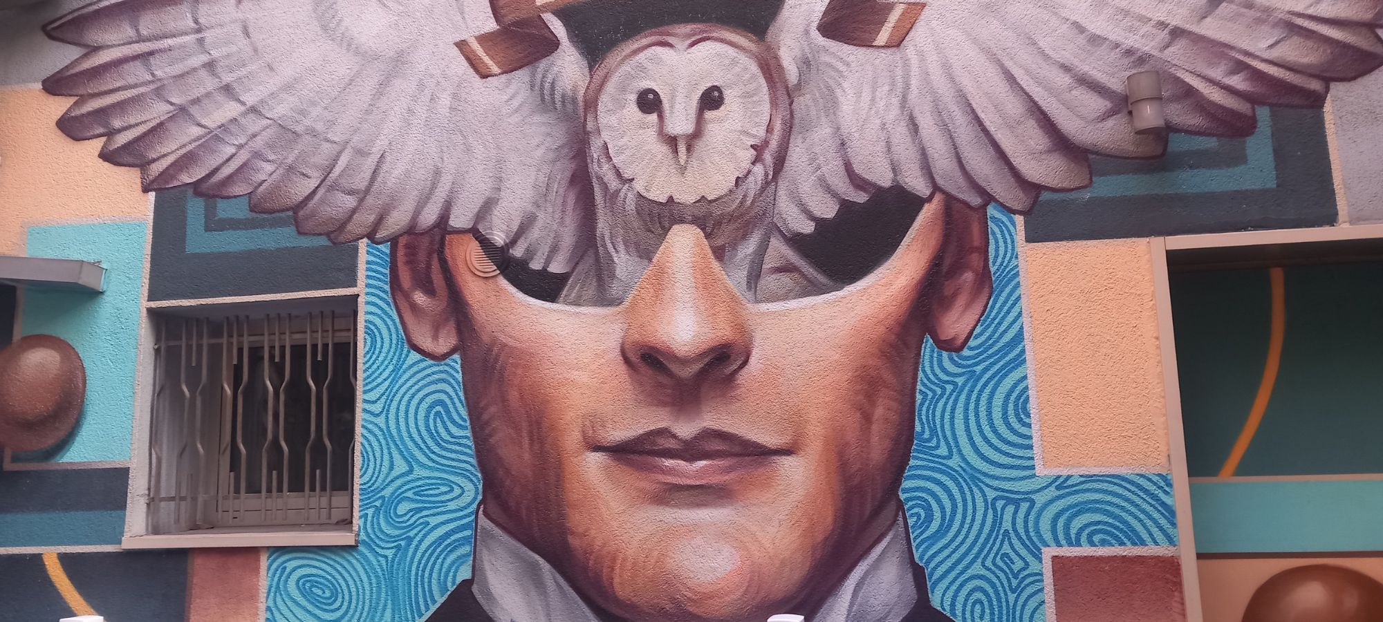 Surrealistisches Street-Art-Wandbild eines Männerporträts, aus dessen Augenpartie eine Schleiereule mit weit ausgebreiteten Flügeln hervortritt, umgeben von grafischen Mustern und urbanen Strukturen.