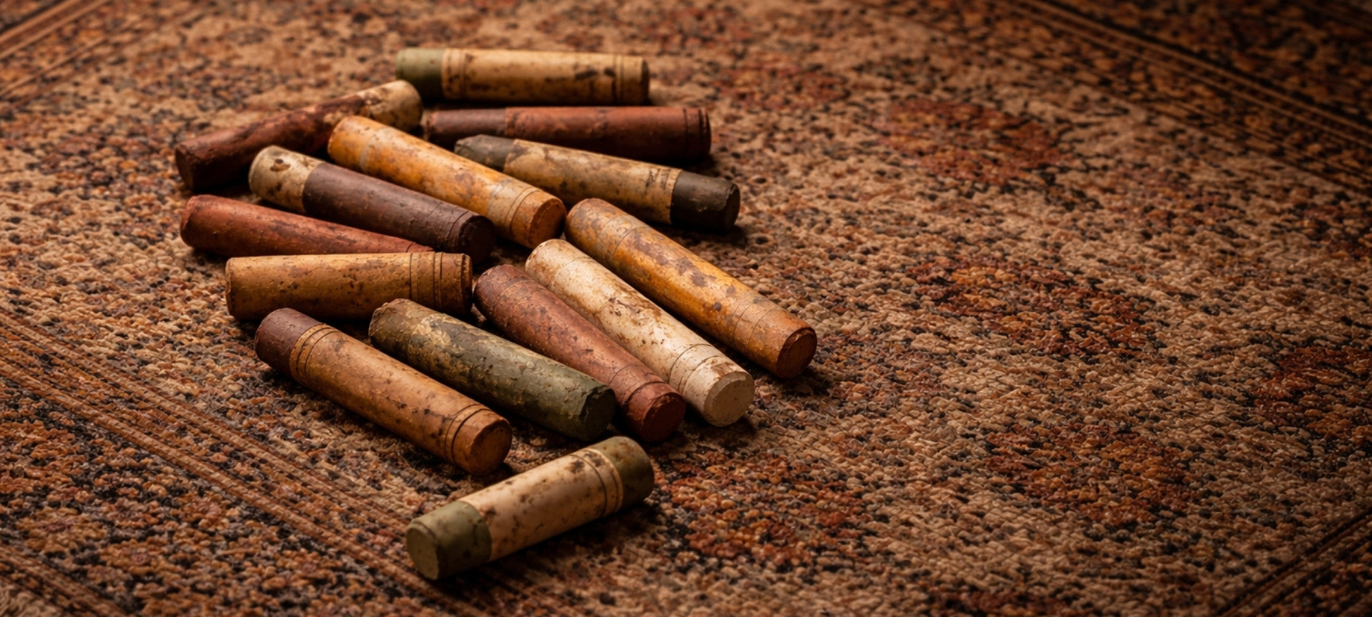 Eine Nahaufnahme von etwa einem Dutzend gebrauchter, runder Ölpastellkreiden in verschiedenen Erd- und Naturtönen, die lose auf einer grob gewebten, braungemusterten Textiloberfläche liegen. Das warme Licht betont die Textur der abgenutzten Stifte und das feine Webmuster des Untergrunds.