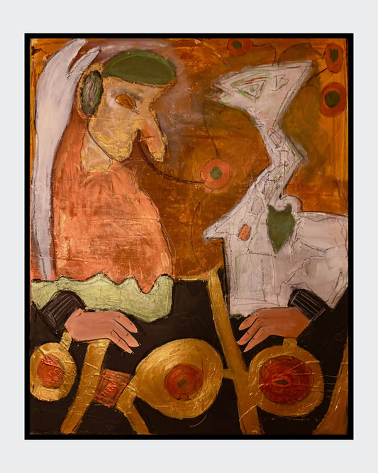 bstrakte Mixed-Media-Malerei von Heidi Minetti in warmen Gold-, Orange- und Erdtönen. Zwei stilisierte Figuren stehen sich in einer wortlosen Interaktion gegenüber, untermalt von texturierten Oberflächen und symbolischen Formen.