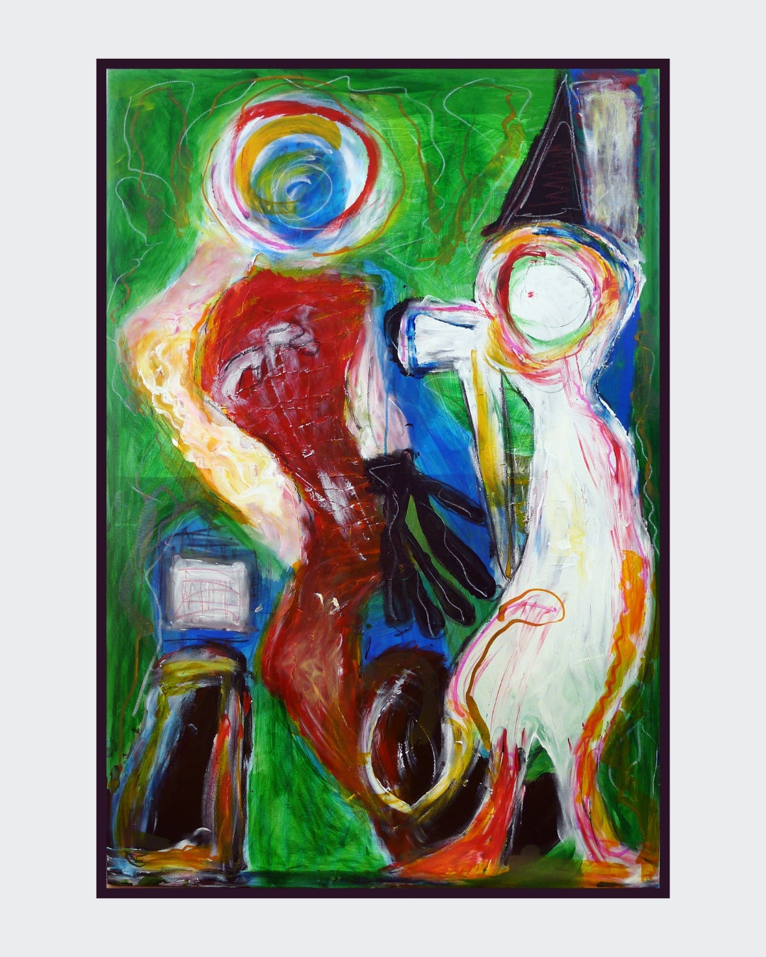 Abstraktes, farbenfrohes Mixed-Media-Gemälde von Heidi Minetti mit dem Titel „Dynamic figures“. Expressive Gestalten in Rot, Weiß und Blau heben sich vor einem leuchtend grünen Hintergrund ab, gestaltet mit dynamischen Linien aus Ölpastell.