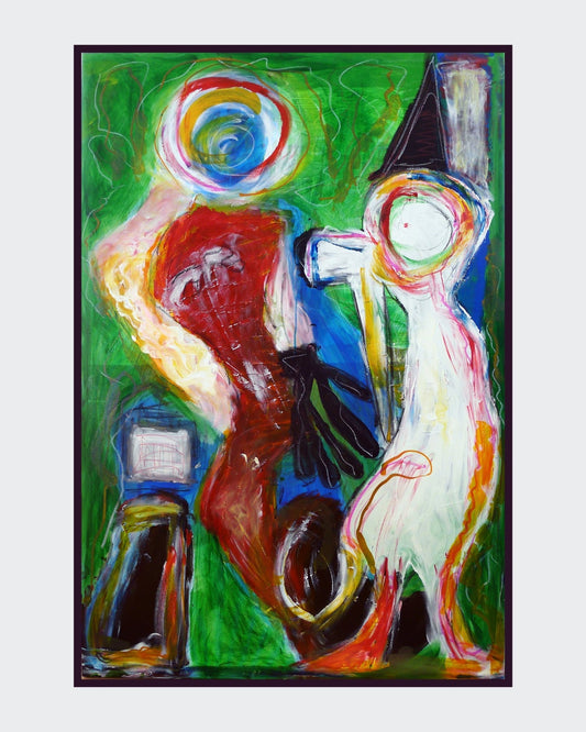 Abstraktes, farbenfrohes Mixed-Media-Gemälde von Heidi Minetti mit dem Titel „Dynamic figures“. Expressive Gestalten in Rot, Weiß und Blau heben sich vor einem leuchtend grünen Hintergrund ab, gestaltet mit dynamischen Linien aus Ölpastell.