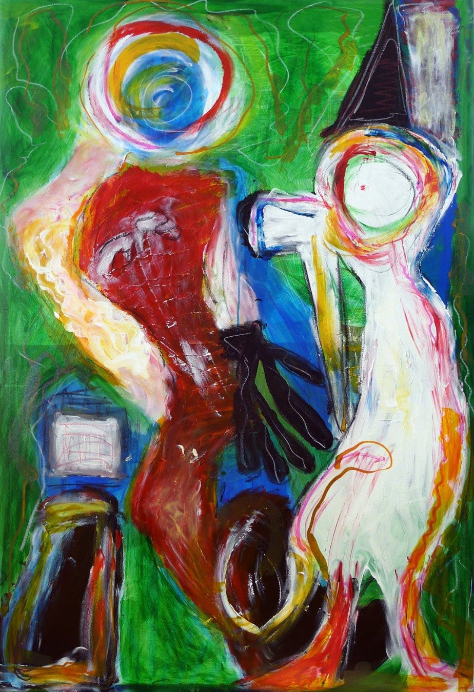 Abstraktes, farbenfrohes Mixed-Media-Gemälde von Heidi Minetti mit dem Titel „Dynamic figures“. Expressive Gestalten in Rot, Weiß und Blau heben sich vor einem leuchtend grünen Hintergrund ab, gestaltet mit dynamischen Linien aus Ölpastell.