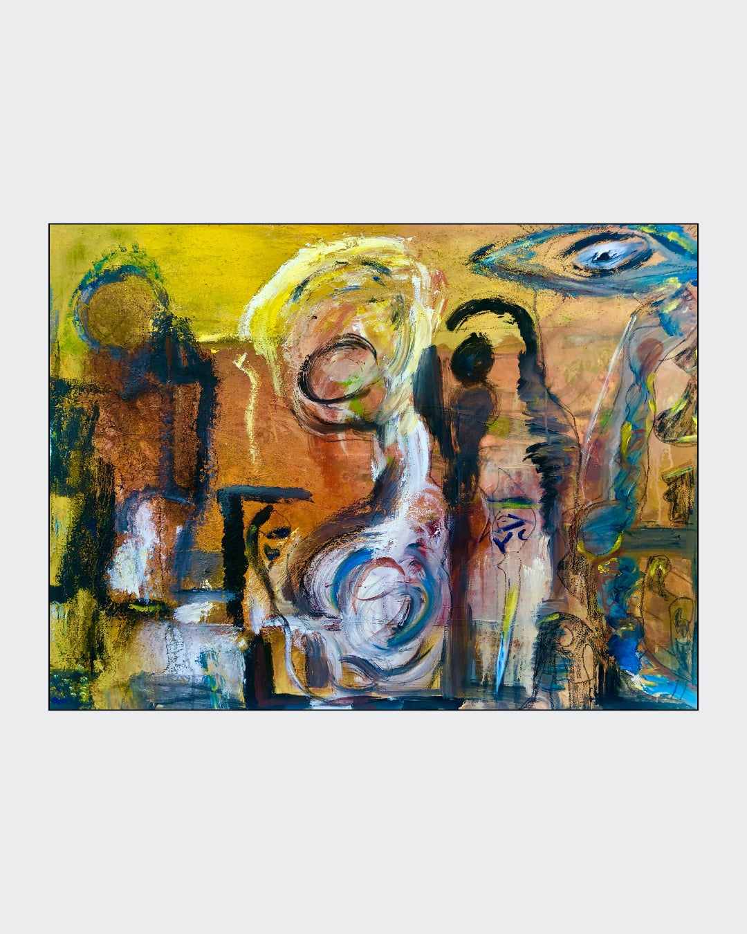 Expressionistisches Mixed-Media-Gemälde von Heidi Minetti mit dem Titel „Emotionel Echoes“. Zu sehen sind abstrahierte Gesichter in dynamischen Farbwirbeln und ein markantes Auge als zentrales Element.