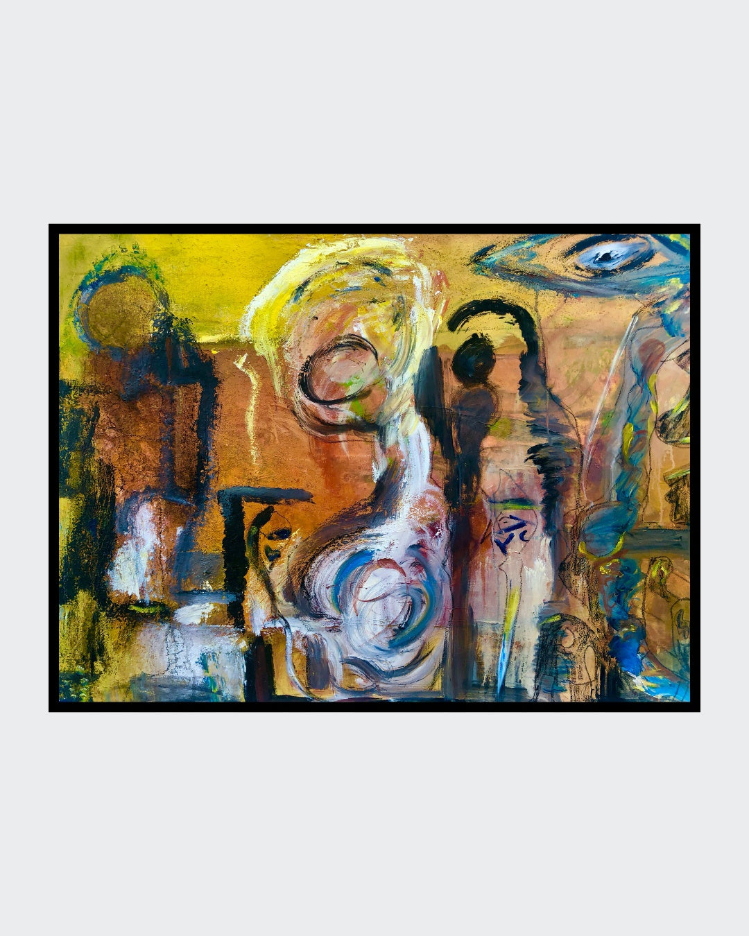 Expressionistisches Mixed-Media-Gemälde von Heidi Minetti mit dem Titel „Emotionel Echoes“. Zu sehen sind abstrahierte Gesichter in dynamischen Farbwirbeln und ein markantes Auge als zentrales Element.