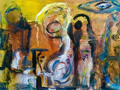Expressionistisches Mixed-Media-Gemälde von Heidi Minetti mit dem Titel „Emotionel Echoes“. Zu sehen sind abstrahierte Gesichter in dynamischen Farbwirbeln und ein markantes Auge als zentrales Element.