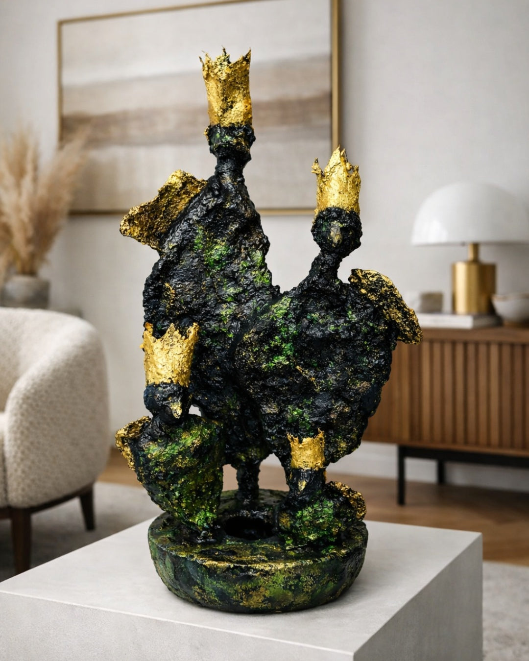 Eine abstrakte Skulptur von Heidi Minetti aus dunklem Faserbeton mit grünen Nuancen. Mehrere aufragende, organische Formen sind mit kleinen goldenen Kronen oder Spitzen versehen und stehen auf einer runden Basis.