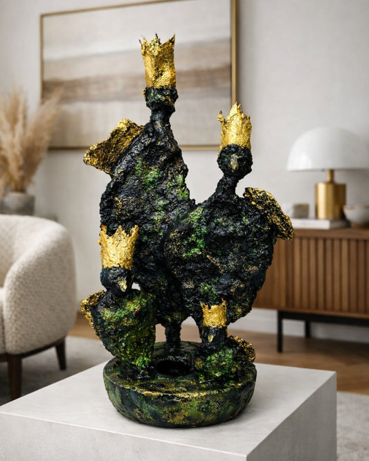 Eine abstrakte Skulptur von Heidi Minetti aus dunklem Faserbeton mit grünen Nuancen. Mehrere aufragende, organische Formen sind mit kleinen goldenen Kronen oder Spitzen versehen und stehen auf einer runden Basis.