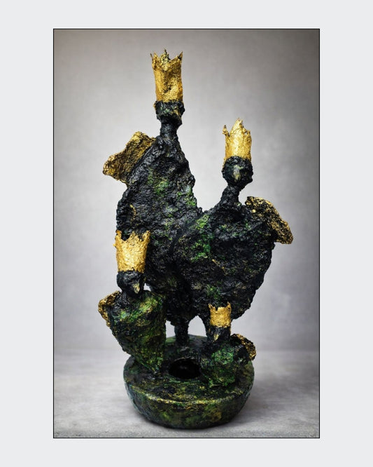 Eine abstrakte Skulptur von Heidi Minetti aus dunklem Faserbeton mit grünen Nuancen. Mehrere aufragende, organische Formen sind mit kleinen goldenen Kronen oder Spitzen versehen und stehen auf einer runden Basis.
