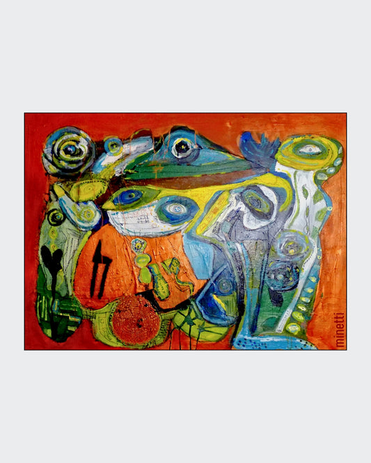 Abstraktes Gemälde „Fragmenter 1“ von Heidi Minetti (Mixed Media / Acryl, 90 x 120 cm). Organische Formen, strukturierte Flächen und leuchtende Farben vereinen sich zu einer dynamischen Komposition auf warmem, erdigen Hintergrund. Detailreiche Muster und expressive Linienführung erzeugen Tiefe und Bewegung. Präsentiert in der ARTSPACER Online-Galerie.