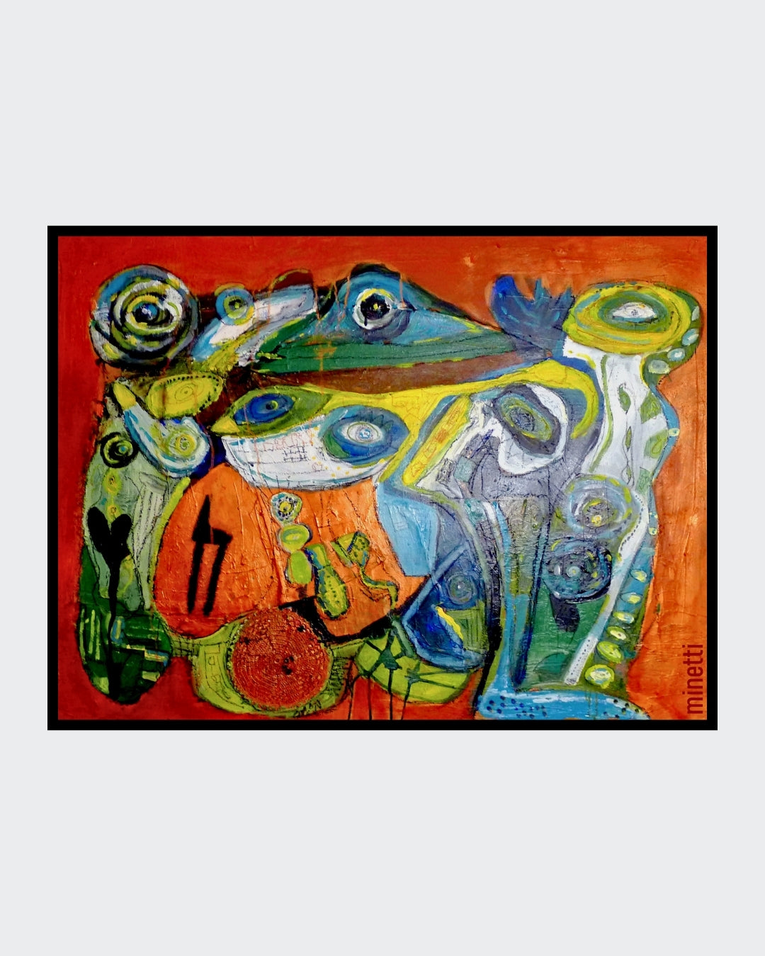 Abstraktes Gemälde „Fragmenter 1“ von Heidi Minetti (Mixed Media / Acryl, 90 x 120 cm). Organische Formen, strukturierte Flächen und leuchtende Farben vereinen sich zu einer dynamischen Komposition auf warmem, erdigen Hintergrund. Detailreiche Muster und expressive Linienführung erzeugen Tiefe und Bewegung. Präsentiert in der ARTSPACER Online-Galerie.