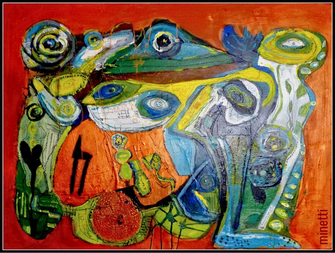 Abstraktes Gemälde „Fragmenter 1“ von Heidi Minetti (Mixed Media / Acryl, 90 x 120 cm). Organische Formen, strukturierte Flächen und leuchtende Farben vereinen sich zu einer dynamischen Komposition auf warmem, erdigen Hintergrund. Detailreiche Muster und expressive Linienführung erzeugen Tiefe und Bewegung. Präsentiert in der ARTSPACER Online-Galerie.