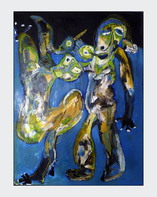 Abstraktes Gemälde „Fragmenter 2“ von Heidi Minetti (Mixed Media, 120 x 90 cm). Zwei figurative Wesen in dynamischer Bewegung, umgeben von tiefen Blau- und Grüntönen. Expressive Pinselstriche und vielschichtige Texturen verleihen dem Werk eine rohe, emotionale Intensität. Goldene Akzente setzen leuchtende Kontraste. Präsentiert in der FEMARTSPACE Online-Galerie.