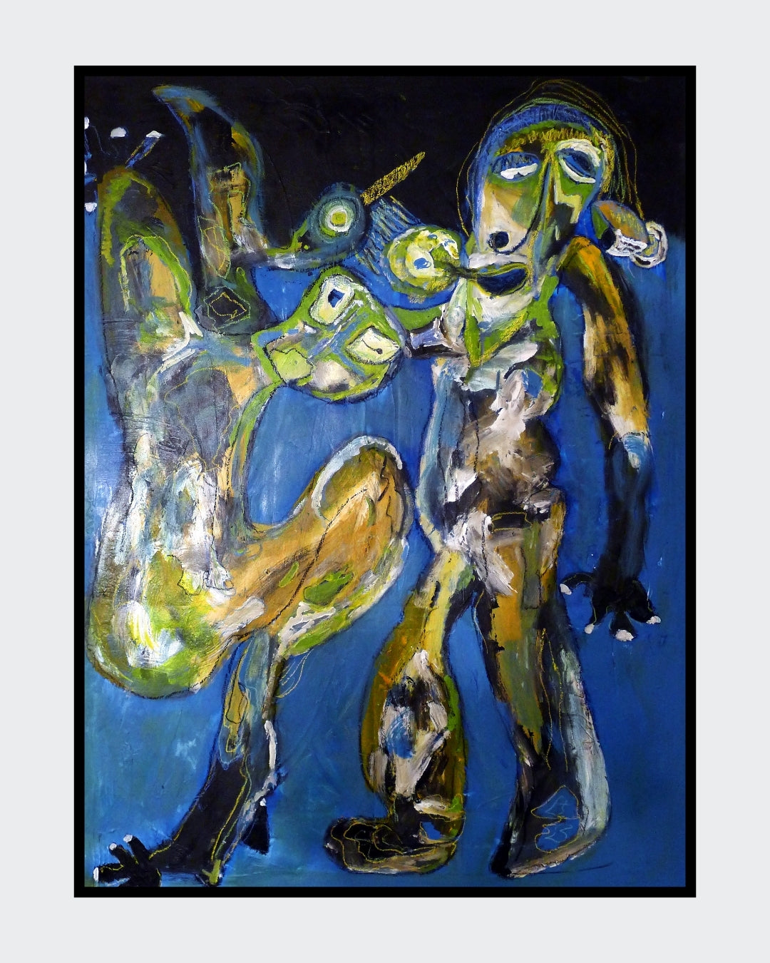 Abstraktes Gemälde „Fragmenter 2“ von Heidi Minetti (Mixed Media, 120 x 90 cm). Zwei figurative Wesen in dynamischer Bewegung, umgeben von tiefen Blau- und Grüntönen. Expressive Pinselstriche und vielschichtige Texturen verleihen dem Werk eine rohe, emotionale Intensität. Goldene Akzente setzen leuchtende Kontraste. Präsentiert in der FEMARTSPACE Online-Galerie.