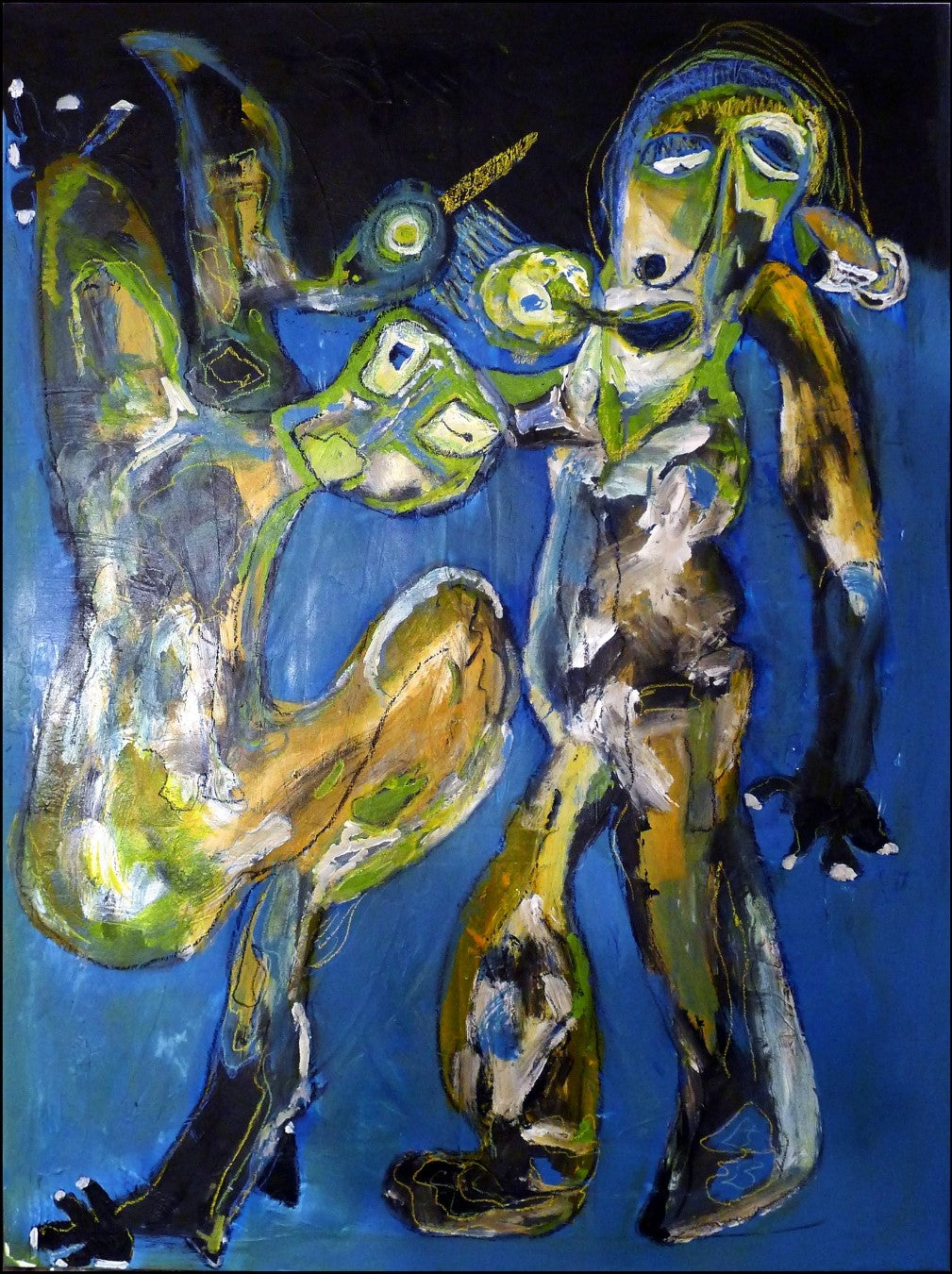 Abstraktes Gemälde „Fragmenter 2“ von Heidi Minetti (Mixed Media, 120 x 90 cm). Zwei figurative Wesen in dynamischer Bewegung, umgeben von tiefen Blau- und Grüntönen. Expressive Pinselstriche und vielschichtige Texturen verleihen dem Werk eine rohe, emotionale Intensität. Goldene Akzente setzen leuchtende Kontraste. Präsentiert in der FEMARTSPACE Online-Galerie.