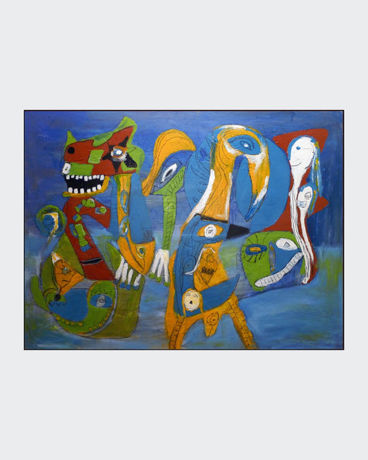 Abstraktes Gemälde „Future“ von Heidi Minetti (Mixed Media, 90 x 120 cm). Lebendige Farben und expressive Formen verschmelzen zu surrealen, figürlichen Wesen auf blauem Hintergrund. Dynamische Linien und Texturen erzeugen Tiefe und Bewegung. Präsentiert in der ARTSPACER Online-Galerie. Künstlerin: Heidi Minetti.