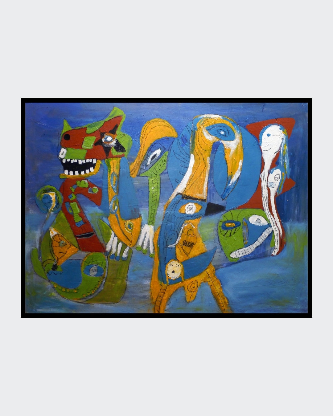 Abstraktes Gemälde „Future“ von Heidi Minetti (Mixed Media, 90 x 120 cm). Lebendige Farben und expressive Formen verschmelzen zu surrealen, figürlichen Wesen auf blauem Hintergrund. Dynamische Linien und Texturen erzeugen Tiefe und Bewegung. Präsentiert in der ARTSPACER Online-Galerie. Künstlerin: Heidi Minetti.