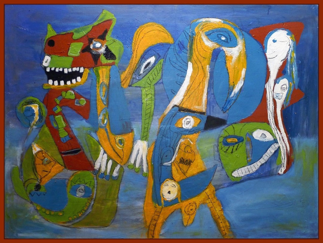 Abstraktes Gemälde „Future“ von Heidi Minetti (Mixed Media, 90 x 120 cm). Lebendige Farben und expressive Formen verschmelzen zu surrealen, figürlichen Wesen auf blauem Hintergrund. Dynamische Linien und Texturen erzeugen Tiefe und Bewegung. Präsentiert in der ARTSPACER Online-Galerie. Künstlerin: Heidi Minetti.