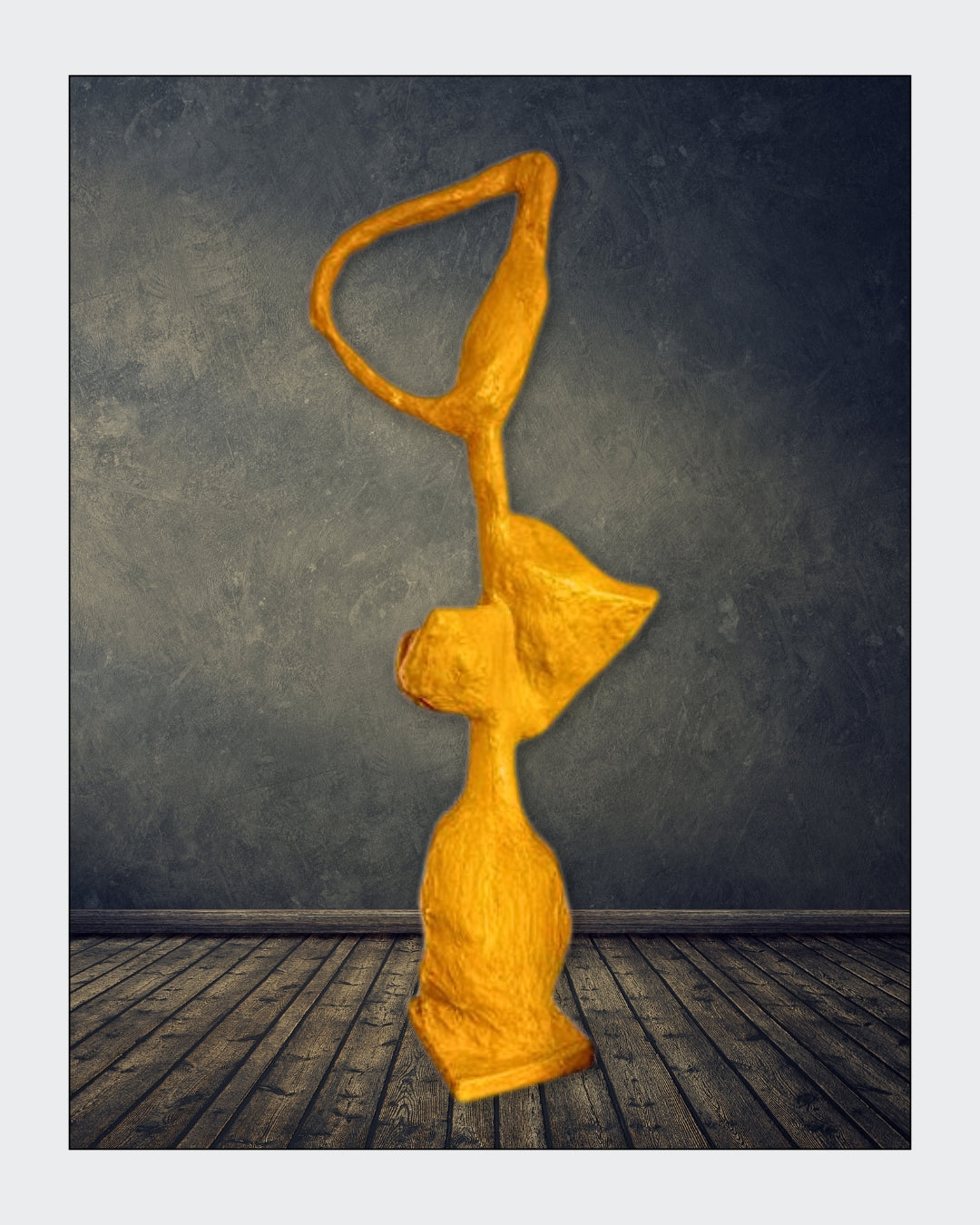 Skulptur „Schicksal in Bewegung“ von Heidi Minetti. 170 cm hohe, 70 cm breite gelbe Skulptur mit geschwungenen, organischen Formen. Ausdruck von Dynamik, Veränderung und Transformation. Die elegante Silhouette und die lebendige Farbgebung verleihen der Figur eine kraftvolle Präsenz.