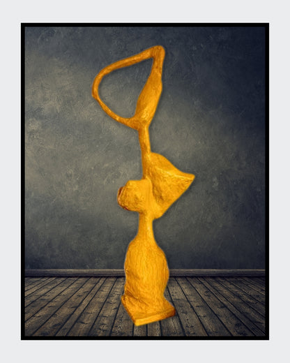 Skulptur „Schicksal in Bewegung“ von Heidi Minetti. 170 cm hohe, 70 cm breite gelbe Skulptur mit geschwungenen, organischen Formen. Ausdruck von Dynamik, Veränderung und Transformation. Die elegante Silhouette und die lebendige Farbgebung verleihen der Figur eine kraftvolle Präsenz.