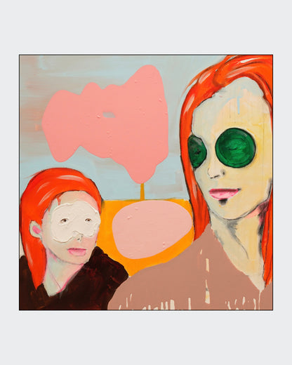 Figurative Mischtechnik „Did You Do Your Pink Already?“ von Herwig Maria Stark mit zwei abstrahierten Gesichtern in Rosa, Rot, Grau und Ocker.