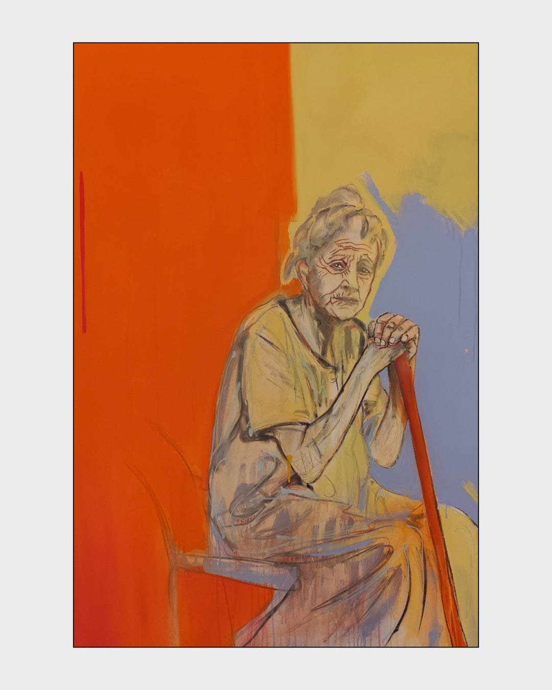 Figuratives Porträt „In the End“ von Herwig Maria Stark mit einer sitzenden Person vor einer zweigeteilten Fläche in Orange und Beige.