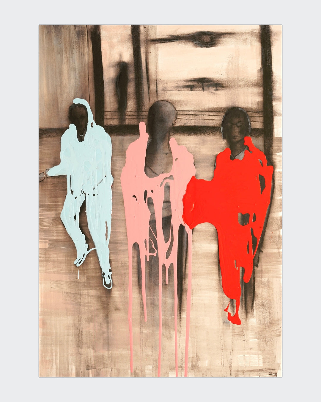 Figurative Mischtechnik „Modern Cruisaders“ von Herwig Maria Stark mit vier abstrahierten Gestalten in Weiß, Rosa und Rot vor einem kohlefarbenen Hintergrund.