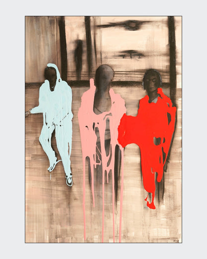 Figurative Mischtechnik „Modern Cruisaders“ von Herwig Maria Stark mit vier abstrahierten Gestalten in Weiß, Rosa und Rot vor einem kohlefarbenen Hintergrund.