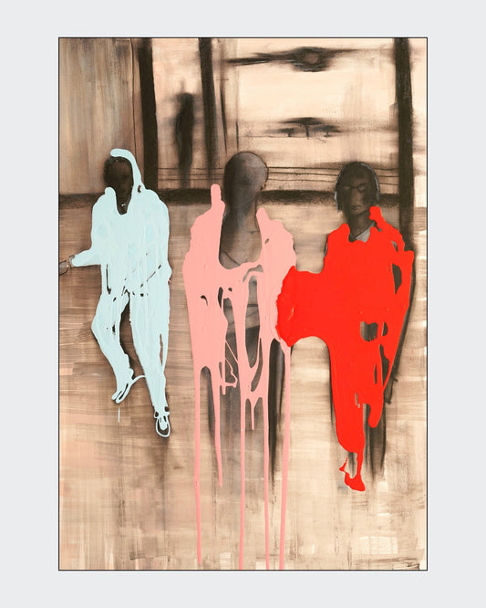 Figurative Mischtechnik „Modern Cruisaders“ von Herwig Maria Stark mit vier abstrahierten Gestalten in Weiß, Rosa und Rot vor einem kohlefarbenen Hintergrund.