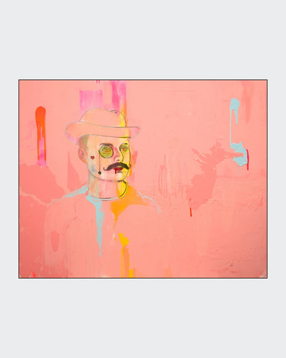 Figurative Mischtechnik „My Boy Lollipop – The Game of Life“ von Herwig Maria Stark mit abstrahierter Person vor rosafarbenem Hintergrund.
