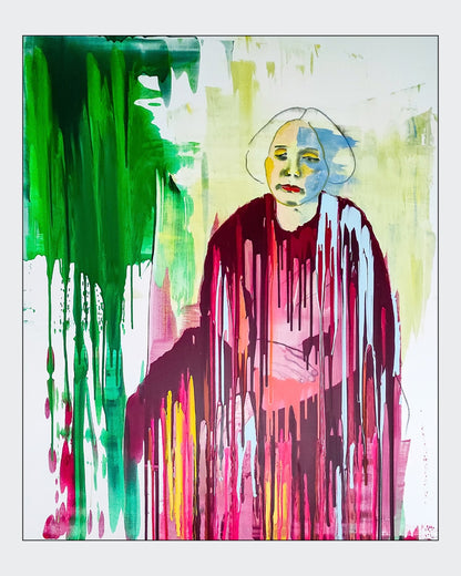 Expressiv-figurative Mischtechnik „Once Upon a Time“ von Herwig Maria Stark mit einer Gestalt und fließenden Farbspuren in Grün, Pink, Weiß und Violett.