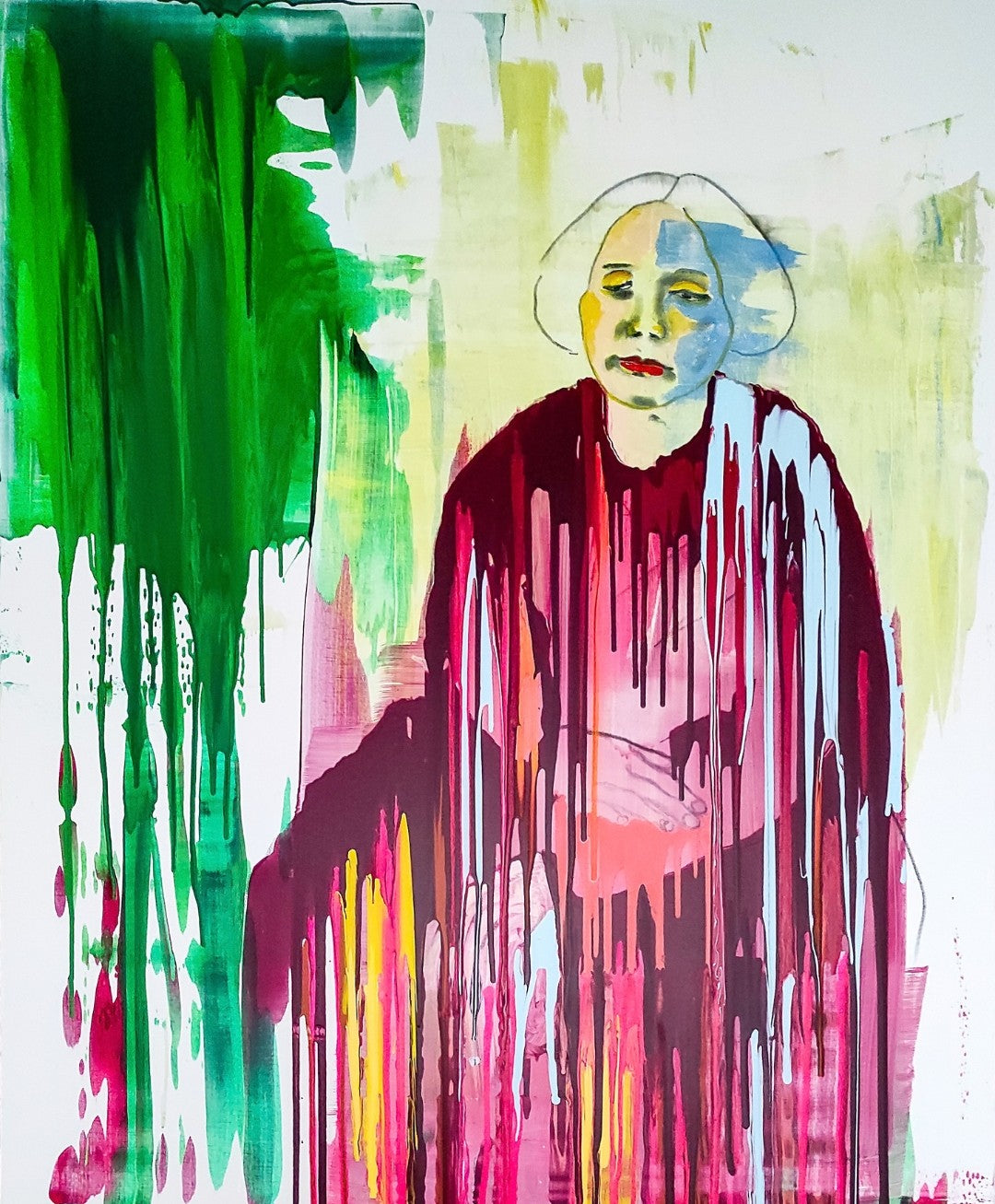 Expressiv-figurative Mischtechnik „Once Upon a Time“ von Herwig Maria Stark mit einer Gestalt und fließenden Farbspuren in Grün, Pink, Weiß und Violett.
