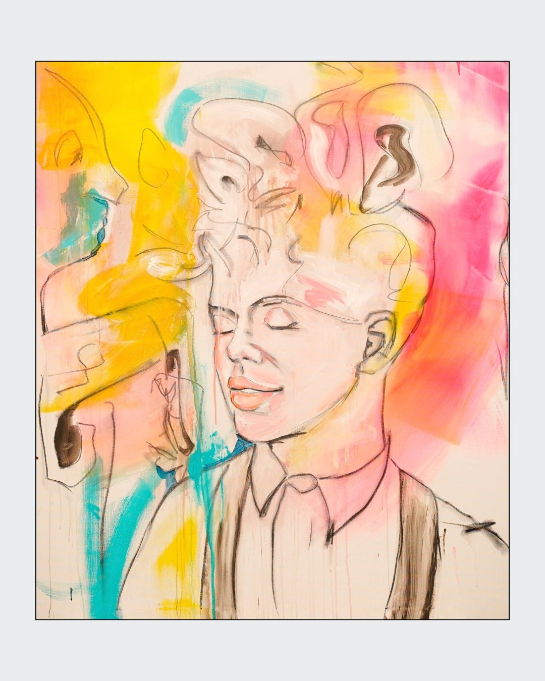 Expressives Porträt „Self Confidence“ von Herwig Maria Stark mit überlagerten Gesichtern und Farbflächen in Pink, Gelb, Türkis, Weiß und Schwarz.