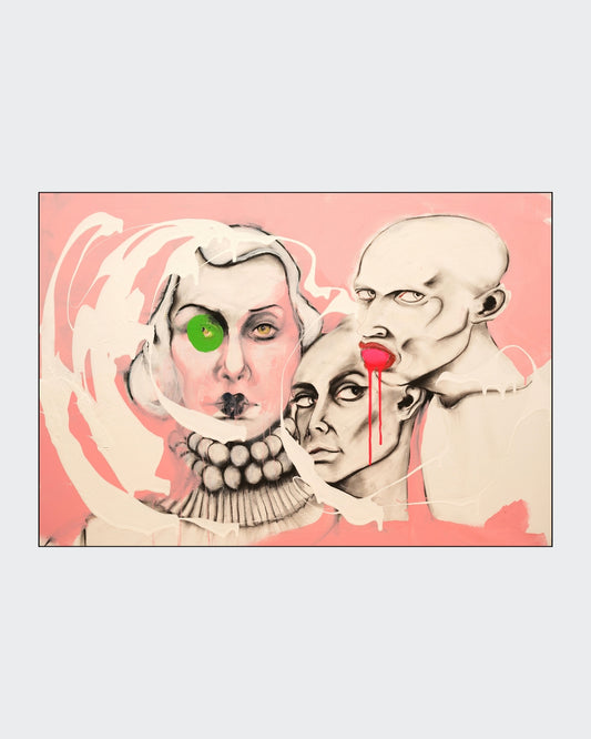 Figurative Mischtechnik „The Sin II“ von Herwig Maria Stark mit drei abstrahierten Gesichtern, schwarzen Kohlelinien und Akzenten in Grün und Rot auf Rosa.