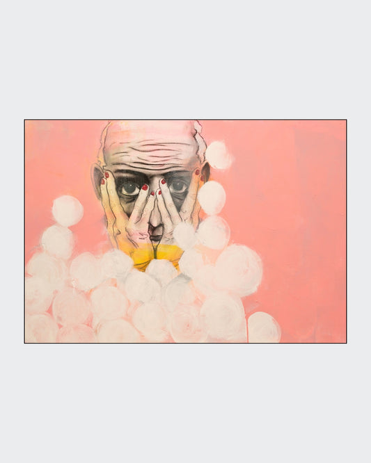 Expressives Porträt „The W“ von Herwig Maria Stark mit markanten Kohlelinien, schwarzen und gelben Akzenten sowie hellen Kreisformen auf Rosa.