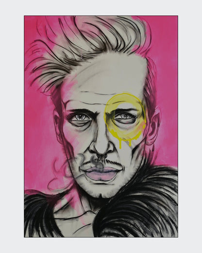 Expressives Porträt „Wild Things“ von Herwig Maria Stark mit fein gezeichnetem Gesicht, leuchtendem Pink, Gelb und schwarzen Kohlelinien.