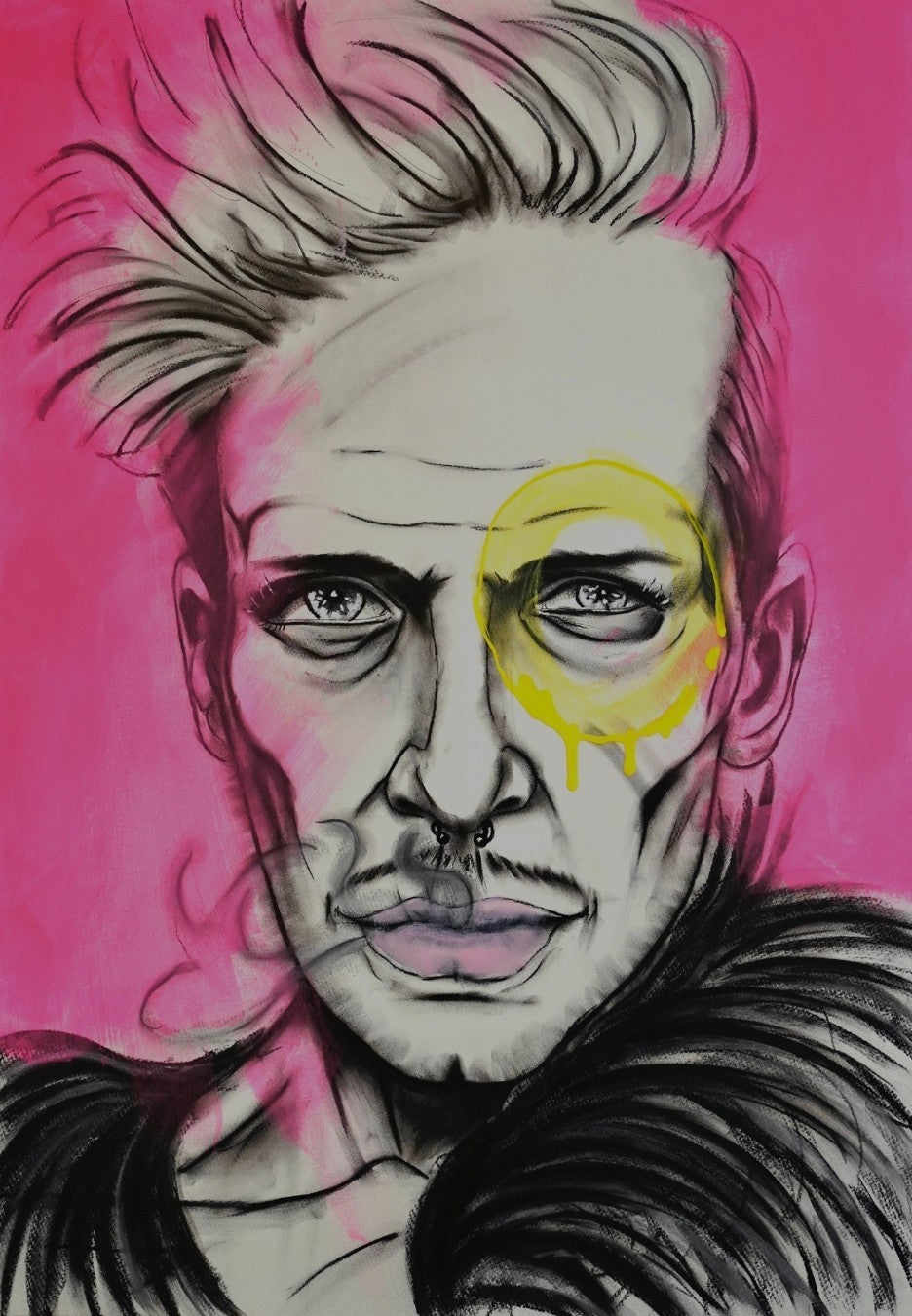 Expressives Porträt „Wild Things“ von Herwig Maria Stark mit fein gezeichnetem Gesicht, leuchtendem Pink, Gelb und schwarzen Kohlelinien.