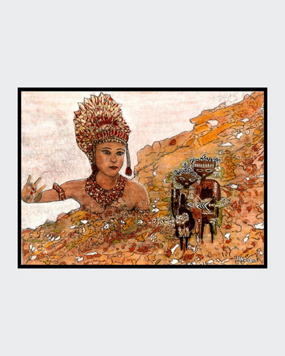 Ein Gemälde der Künstlerin Ingrid Huober, ausgestellt in der Online-Galerie ARTSPACER, zeigt eine Frau mit aufwendigem Kopfschmuck und Schmuck, die eine balinesische Puppenspielerin darstellt. Sie gestikuliert mit der Hand, während hinter ihr drei stilisierte Figuren stehen, die an traditionelle balinesische Puppen erinnern. Der Hintergrund ist in warmen Erdtönen gehalten.