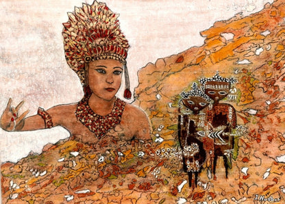 Ein Gemälde der Künstlerin Ingrid Huober, ausgestellt in der Online-Galerie ARTSPACER, zeigt eine Frau mit aufwendigem Kopfschmuck und Schmuck, die eine balinesische Puppenspielerin darstellt. Sie gestikuliert mit der Hand, während hinter ihr drei stilisierte Figuren stehen, die an traditionelle balinesische Puppen erinnern. Der Hintergrund ist in warmen Erdtönen gehalten.