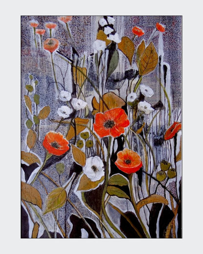 Blumenimpression von Ingrid Huober. Florales Acrylgemälde (70x50 cm). Rote und weiße Blumen auf strukturiertem, dunklem Hintergrund.