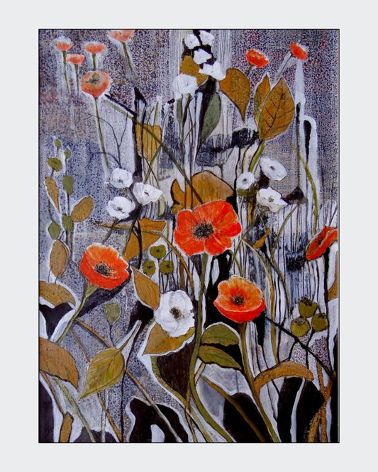 Blumenimpression von Ingrid Huober. Florales Acrylgemälde (70x50 cm). Rote und weiße Blumen auf strukturiertem, dunklem Hintergrund.