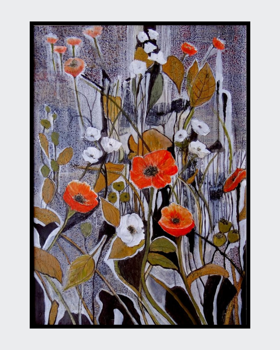 Blumenimpression von Ingrid Huober. Florales Acrylgemälde (70x50 cm). Rote und weiße Blumen auf strukturiertem, dunklem Hintergrund.